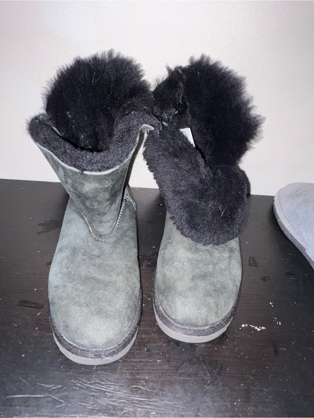 UGG Women's black Suede Winter Boots with Black Fur Cuff and buckle on the side